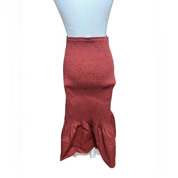 A.L.C. | Lyra Smocked Burgundy Cotton Poplin Midi Maxi Mixi Skirt 8 - Picture 6 of 7